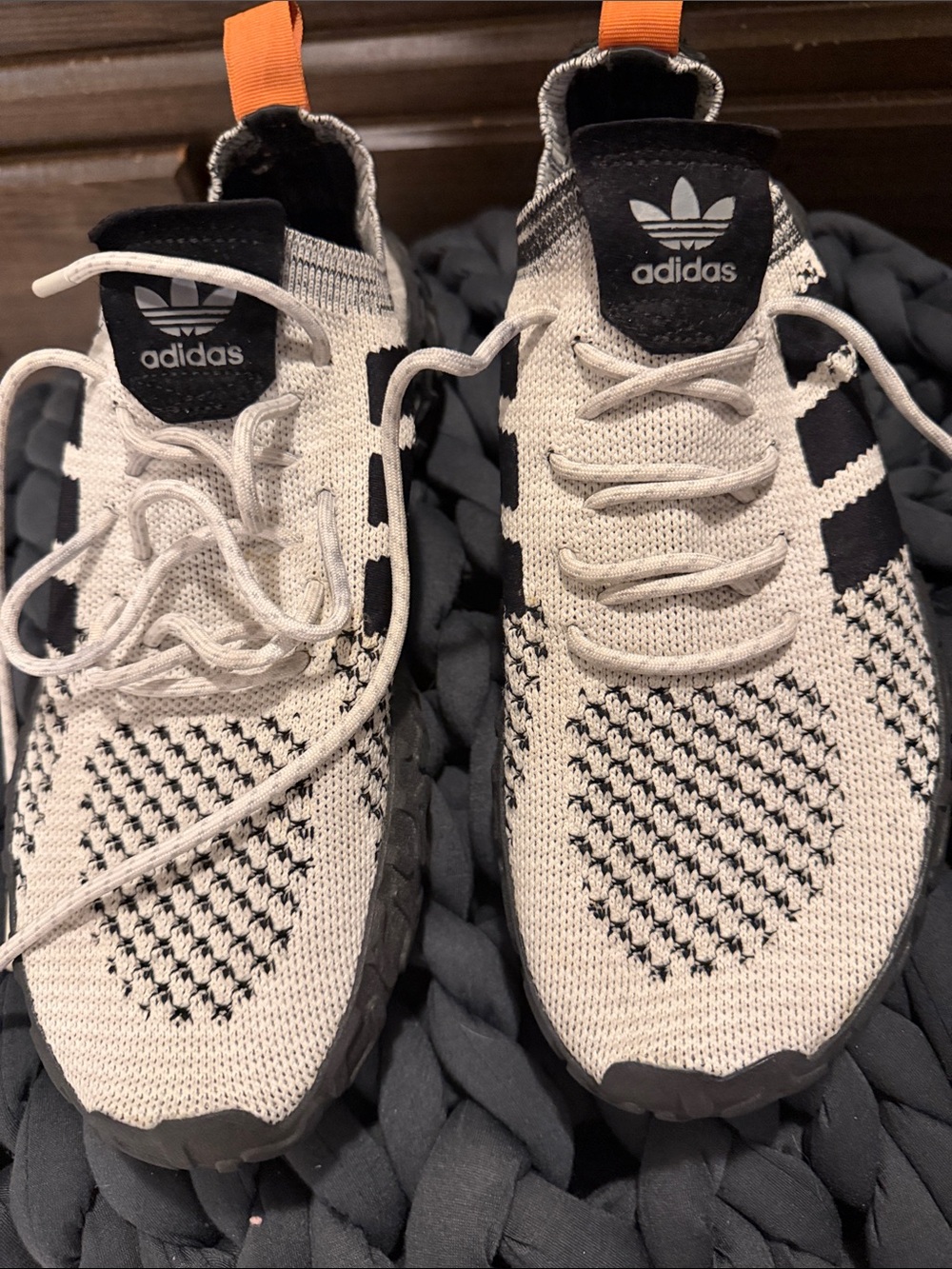 adidas Cream and Black Knit Running Shoes with Orange Heel Pull